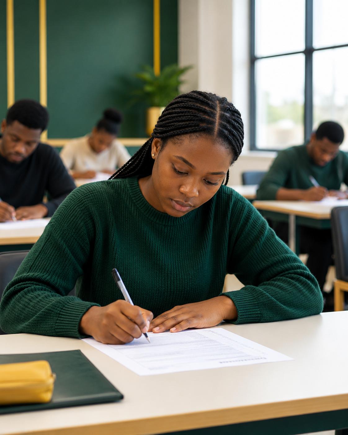 Student preparing for an IELTS test in a classroom